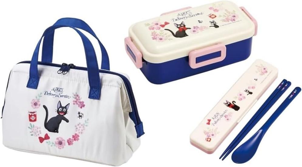 Skater Gigi French Dishwasher-Safe Soft Lunch Box, 1-Tier, 530ml, 4-Point Lock, Combo Set (ChopsticksSpoon), Insulated Lunch Bag, Clasp Closure, Cat