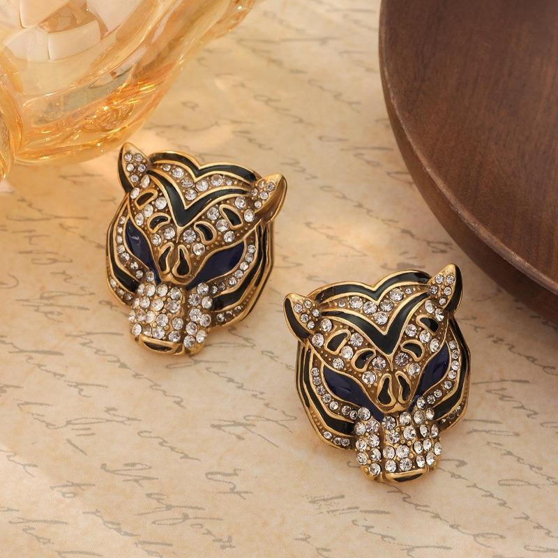Full Diamond Enamel Leopard Head Necklace Bracelet Earrings Light Luxury Niche Bosmian Animal Fashion