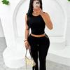 Women's Slim Fit Two-piece Matching Outfit Sleeveless Crew Neck Crop Tank Top Ruched High Waist Flare Pants Tracksuit