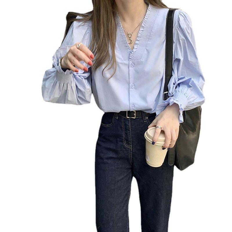 Women's French V-Neck Ruffled Puff Sleeve Shirt - Spring/Autumn Korean Chic