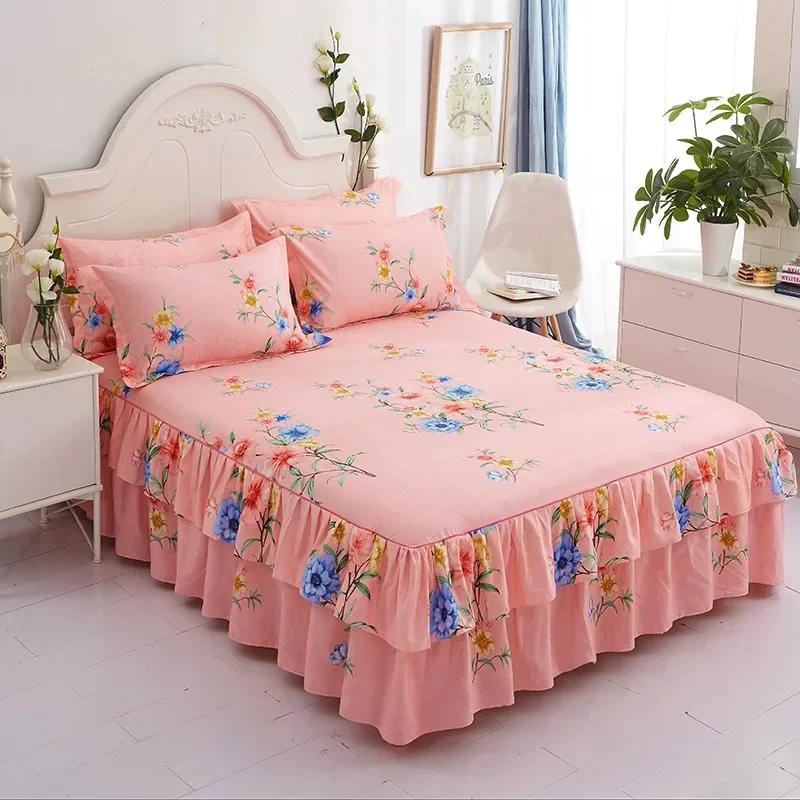 Double Layer Ruffled Bedroom Solid/Flower Pattern Cotton Bed Skirt Coverlets Elastic Tight Dust Cover Bedding
