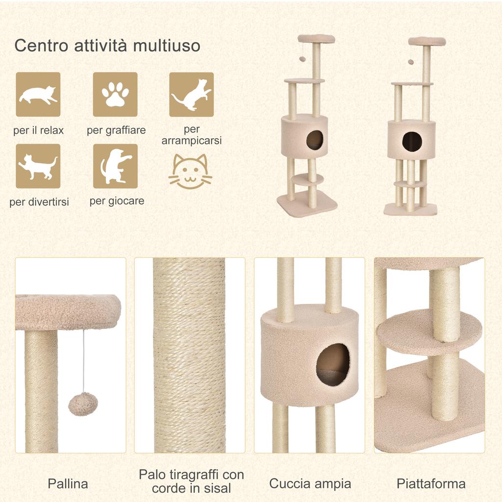 Sturdy Cat Tree with 5 Levels, Kennel, Playhouse, and Sisal Rope, Beige, Max 30kg