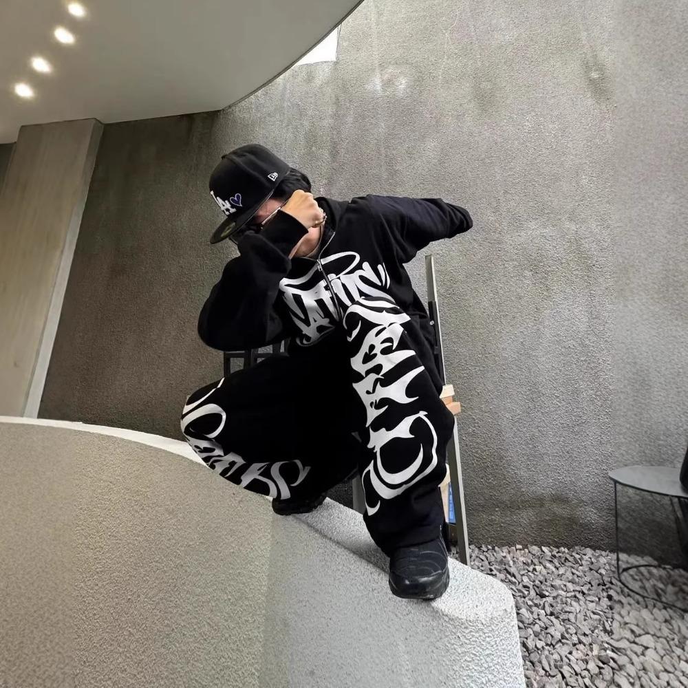 Europäischer und Amerikanischer Herren Herbst und Winter Neuer Stil Amerikanische Modemarke Bedruckte Reißverschluss Sweatshirt Jacke Hip-Hop Ins Stil Set