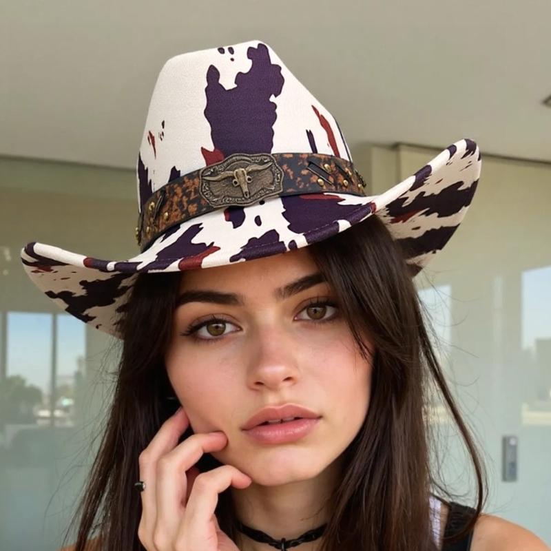 Western Cowboyhüte mit verstellbarer Größe und Kuhmuster-Design für Ausritte im Freien, besondere Anlässe, Verkleidungen, Kopfbedeckungen