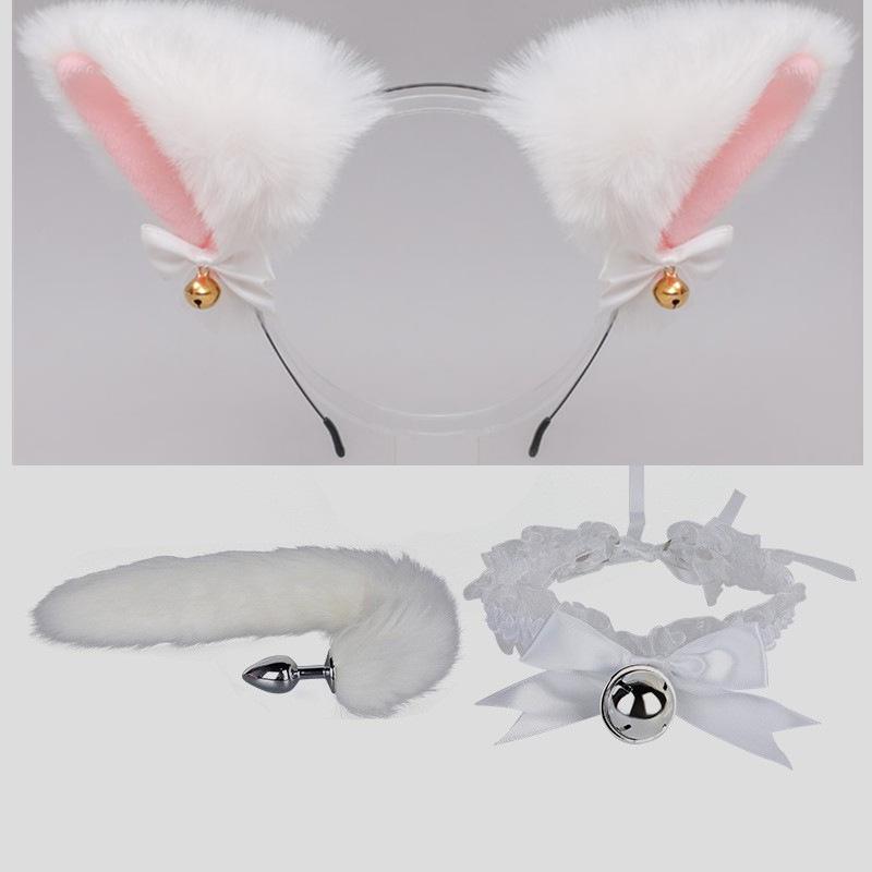 SM Erotic Kitten Restraint Set: Tail Plug, Collar, Cuffs, Nipple Clamps