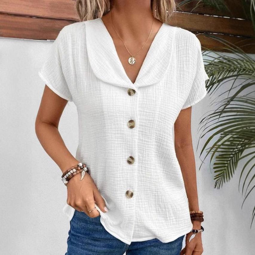 

Summer New Solid Color Short Sleeved Cardigan Button Up Women s Blouses & Shirts S білий
