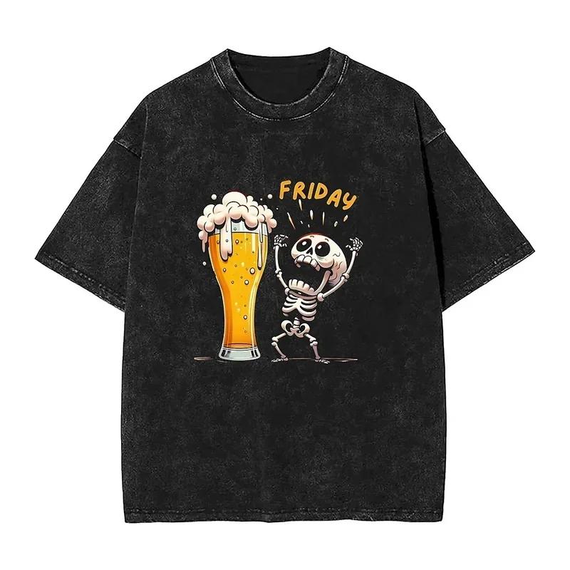 skeleton enjoying Friday washed T shirts fashion happy summer tees streetwear custom logo simple tops gift idea S