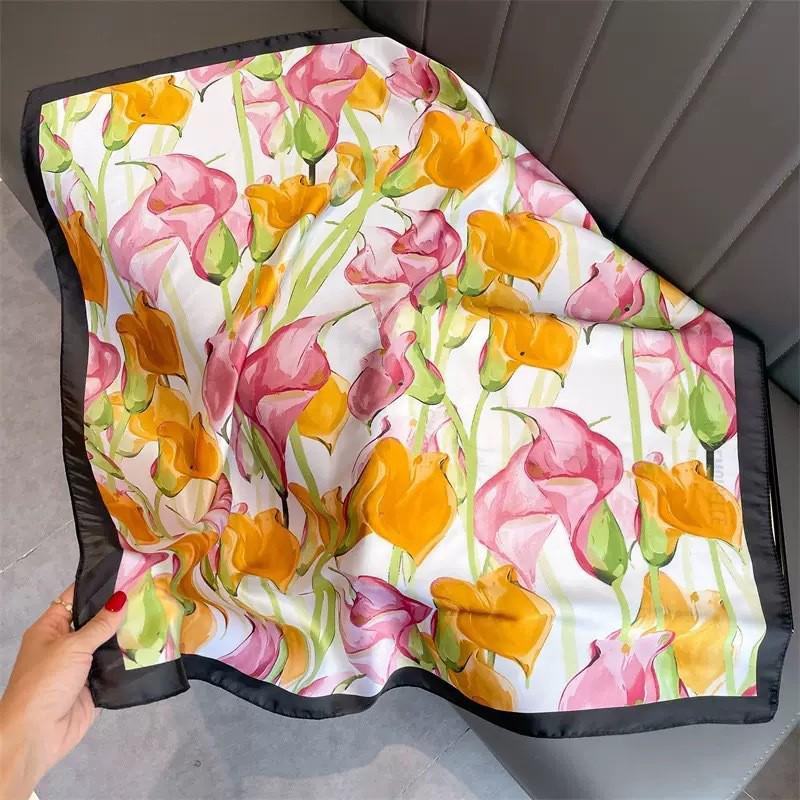 Women's Retro Fashion Mulberry Silk Feel Square Scarf - Summer Faux Satin, Sun Protection, 90cm