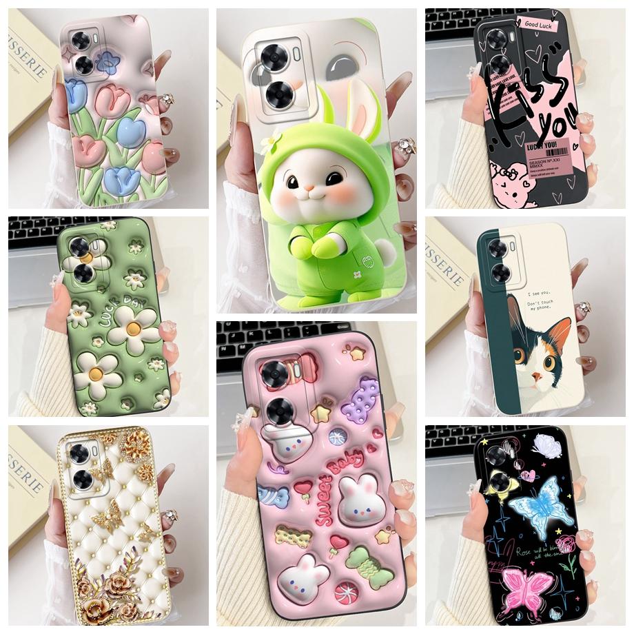 For Oppo A57 A57s A57e A77 A77s 4G Phone Case Oppo A77 5G A56s Back Cover Soft Liquid Silicone Pnada Rabbit Flower Cute Bumper