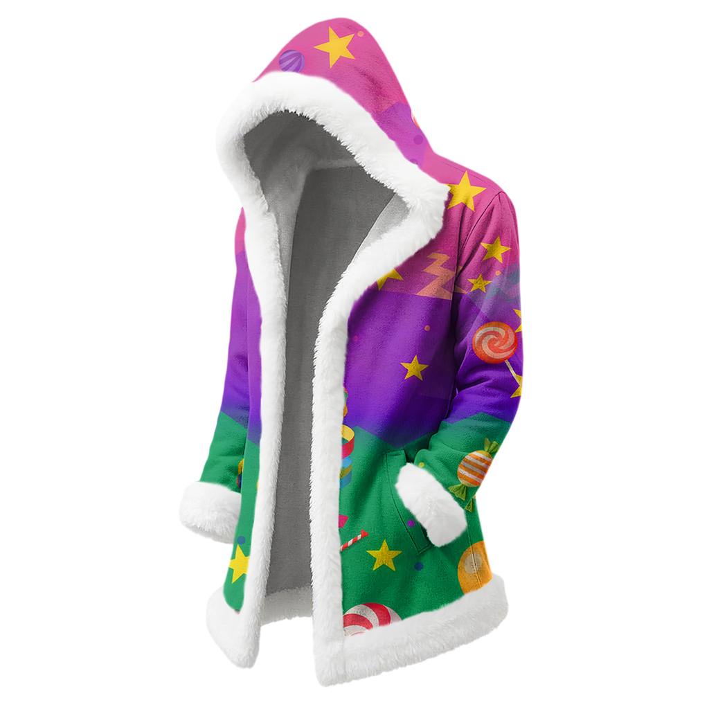 Unisex Casual And Fashionable Plush Collar Hooded Long Sleeved Carnival Print Jacket