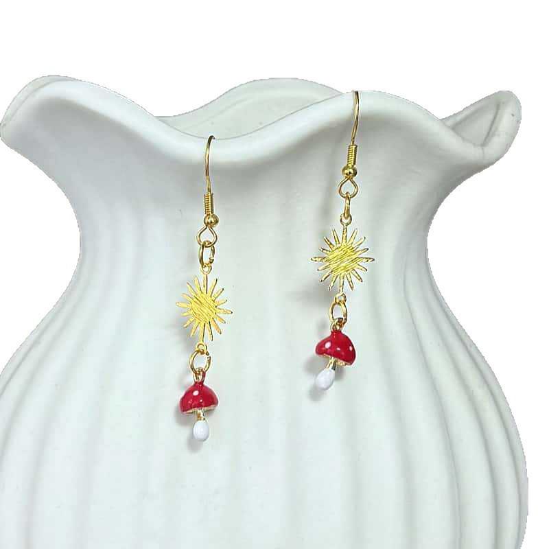 Bohemian Gold Sun and Mushroom Earrings