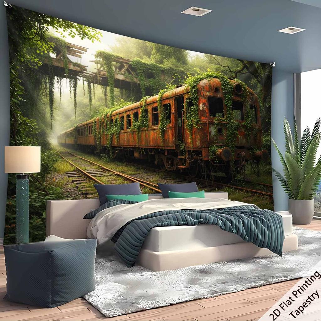 Abandoned Rusty Train Jungle Tapestry Overgrown Railway Nature Landscape Wall Hanging Boho Decor Living Room Art Print