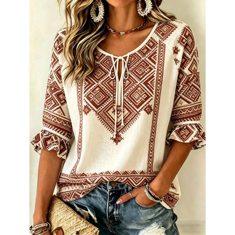Women's Boho Geometric Tribal Print Tie Front Blouse, Casual Loose Top for Spring Summer Daily Wear