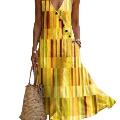 Summer V-neck Sleeveless Diagonal Button-up Vest Skirt Long Women's Vacation Casual Dress