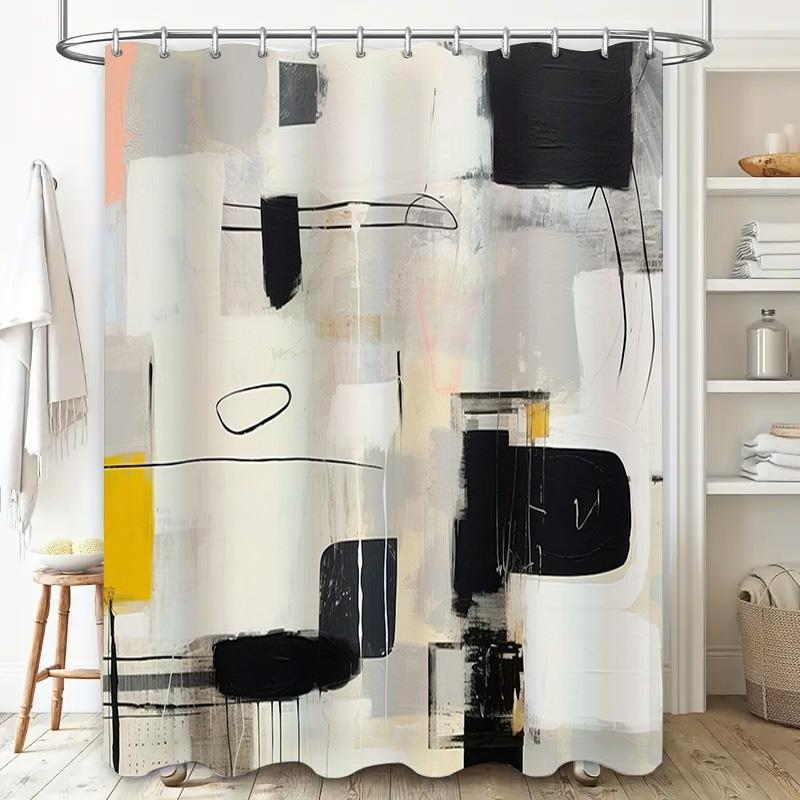 Abstract Modern Bathroom Shower Curtain Set Decorative Black White Grey Yellow Printed Waterproof Fabric Bath Mat