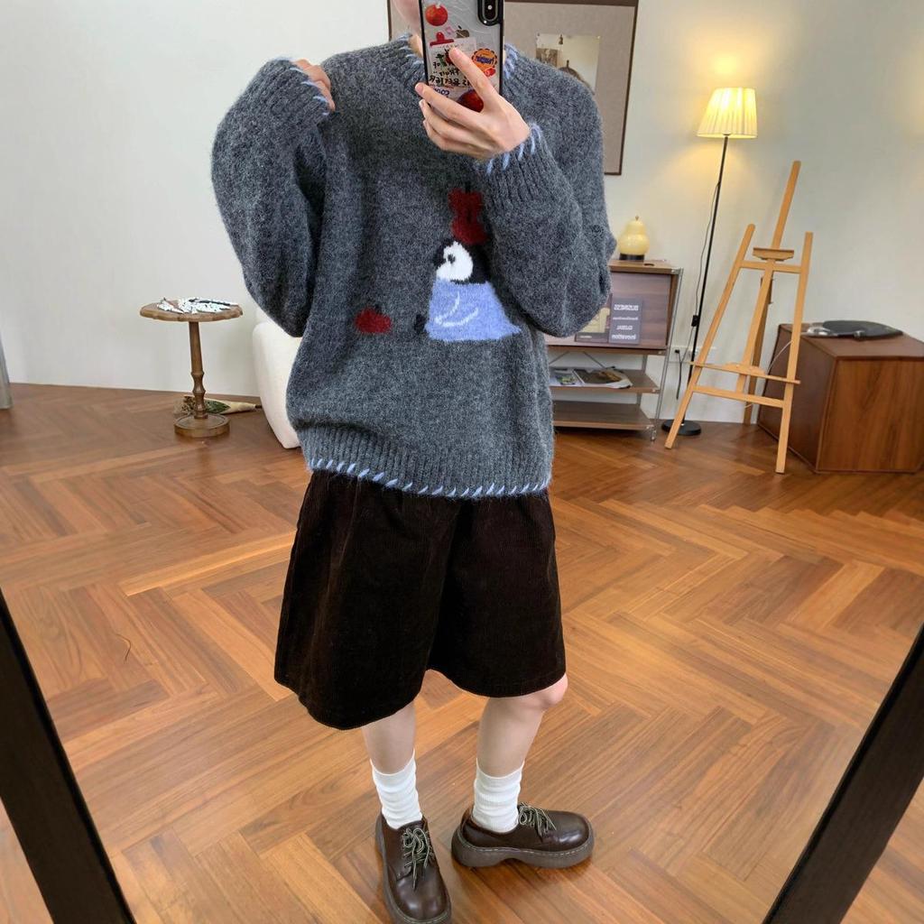Korean Retro Penguin Jacquard Sweater: Women’s Loose Fit Knitwear