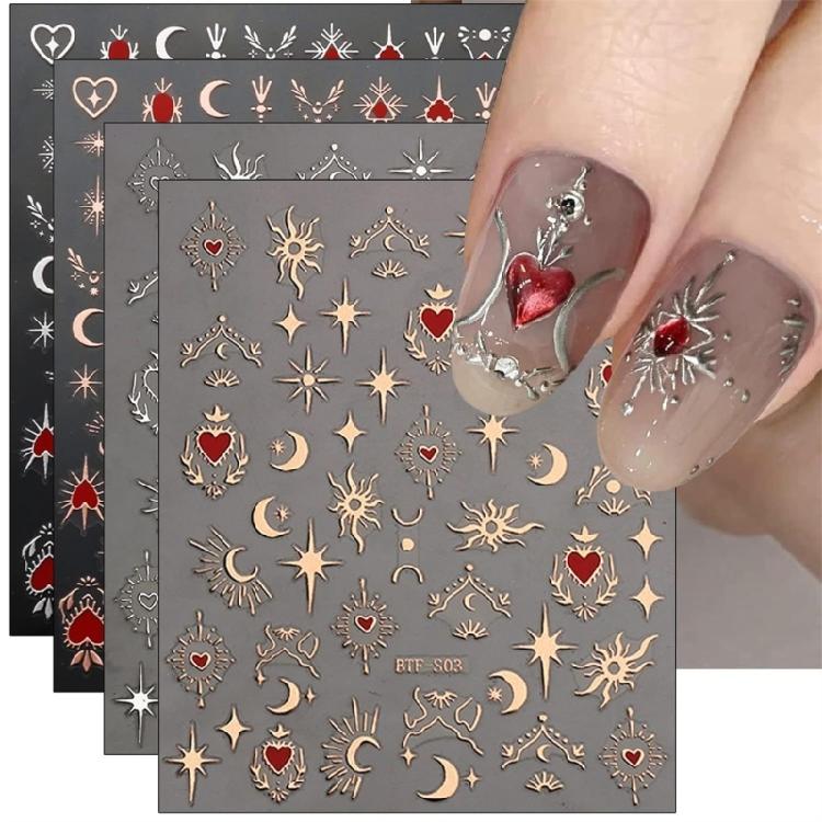 9 Sheets Bronzing Nail Art Stickers Sun Star Heart Nails Stickers Self-Adhesive Manicures Stickers 3D Nails Decals