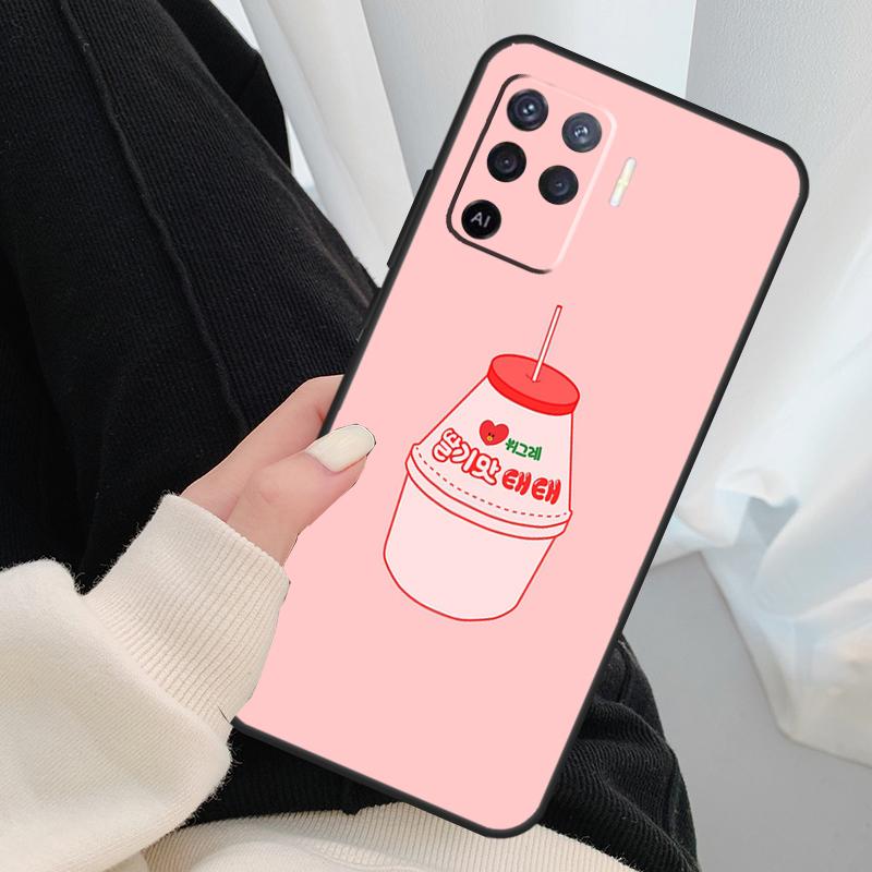 Kawaii Strawberry Milk Case For Oppo A18 A38 A58 A78 A98 A80 A60 A40 A96 A76 A16 A94 A74 A54 A15 A17 A57 A77 A5 Pro