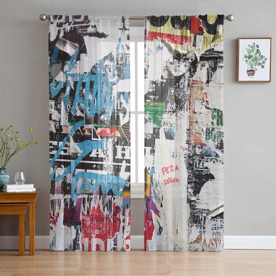Vintage Old Newspaper Graffiti Tulle Curtains For Living Room Bedroom Decoration Chiffon Sheer Voile Kitchen Window Curtain