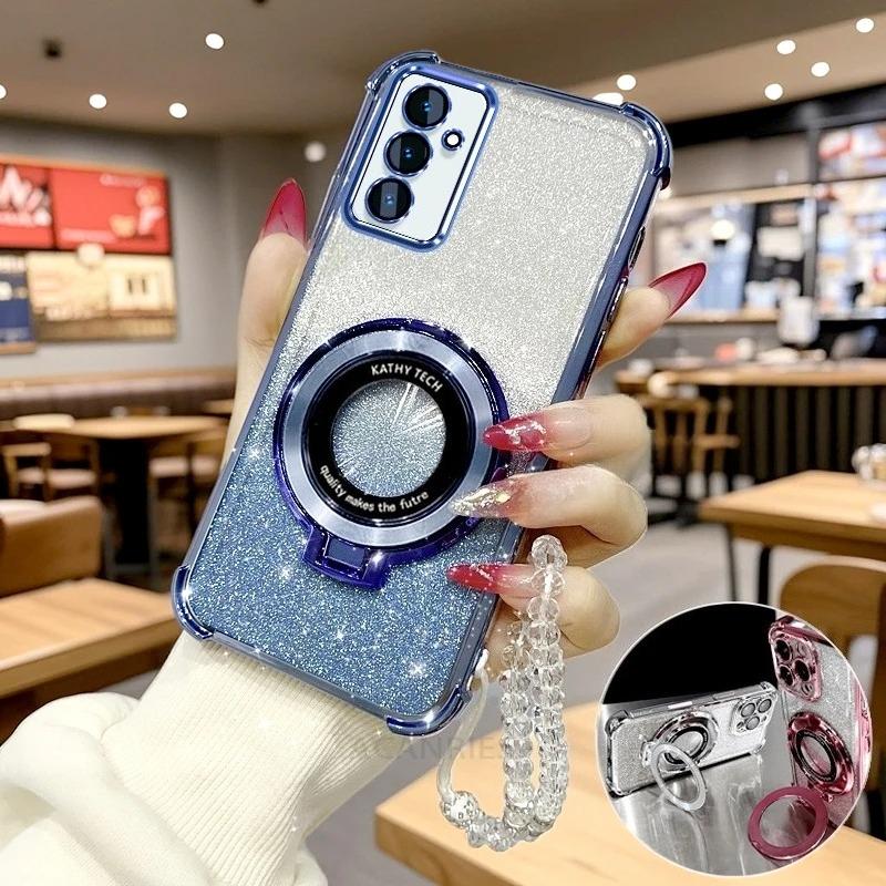 A 16 36 56 Clear Chain Luxury Ring Holder Plating Silicone Case For Samsung Galaxy A16 A26 A36 A56 A15 A35 A55 Shockproof Cover