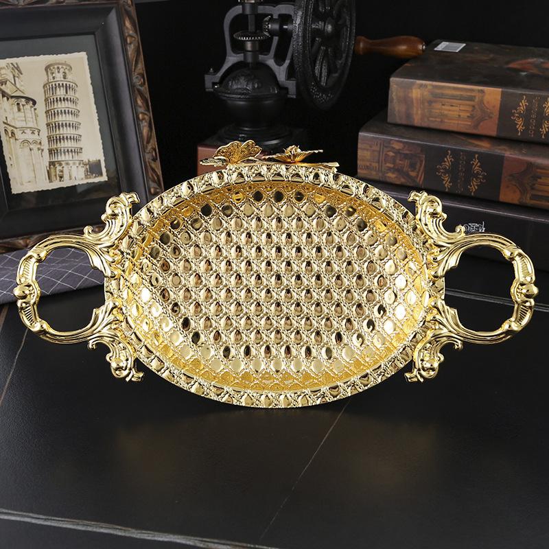 European Style Round Fruit Tray Golden Snack Tray with Handles for Storage Cookie Cake Dessert Food Candy Serving Dish