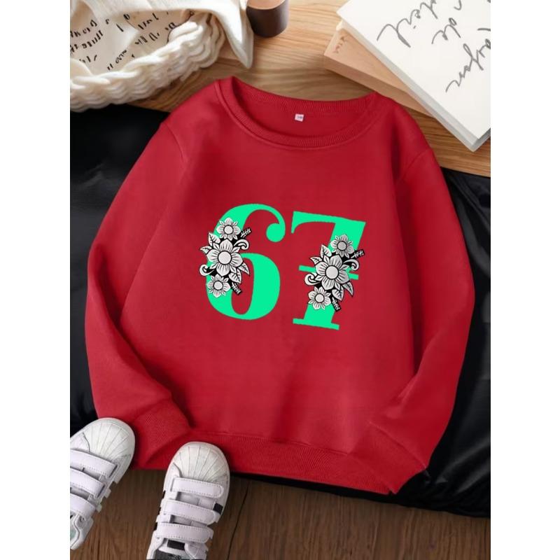 Unisex Kids Crewneck Sweatshirt For Over 4 Years Old Boys Girls Green Number 67 Black White Floral Print Red Soft Long Sleeve Pullover For 4-12 Kids