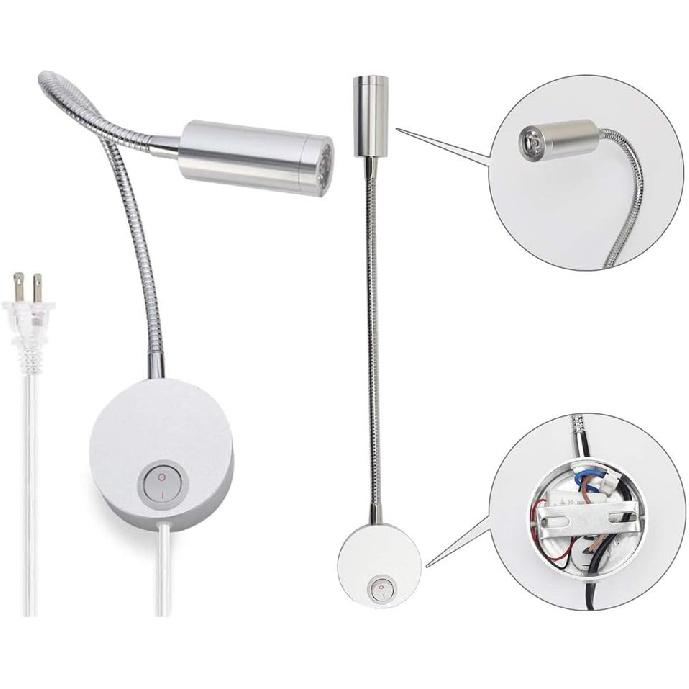 3W LED Bedside Reading Light Flexible Gooseneck Book Lamp Wall Mount Headboard Spotlight with Plug and On/off Switch for Working, Study, Art Display