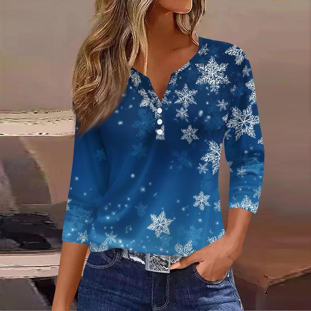Women's Fashion Casual Christmas Tree Print V-Neck Decorative Button Three-Quarter Sleeve T-Shirt Top