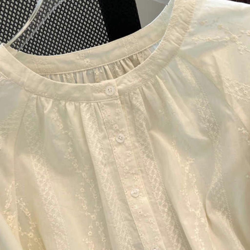 Damska francuska retro żakardowa bawełniana bluzka babydoll z haftem w kolorze morelowym