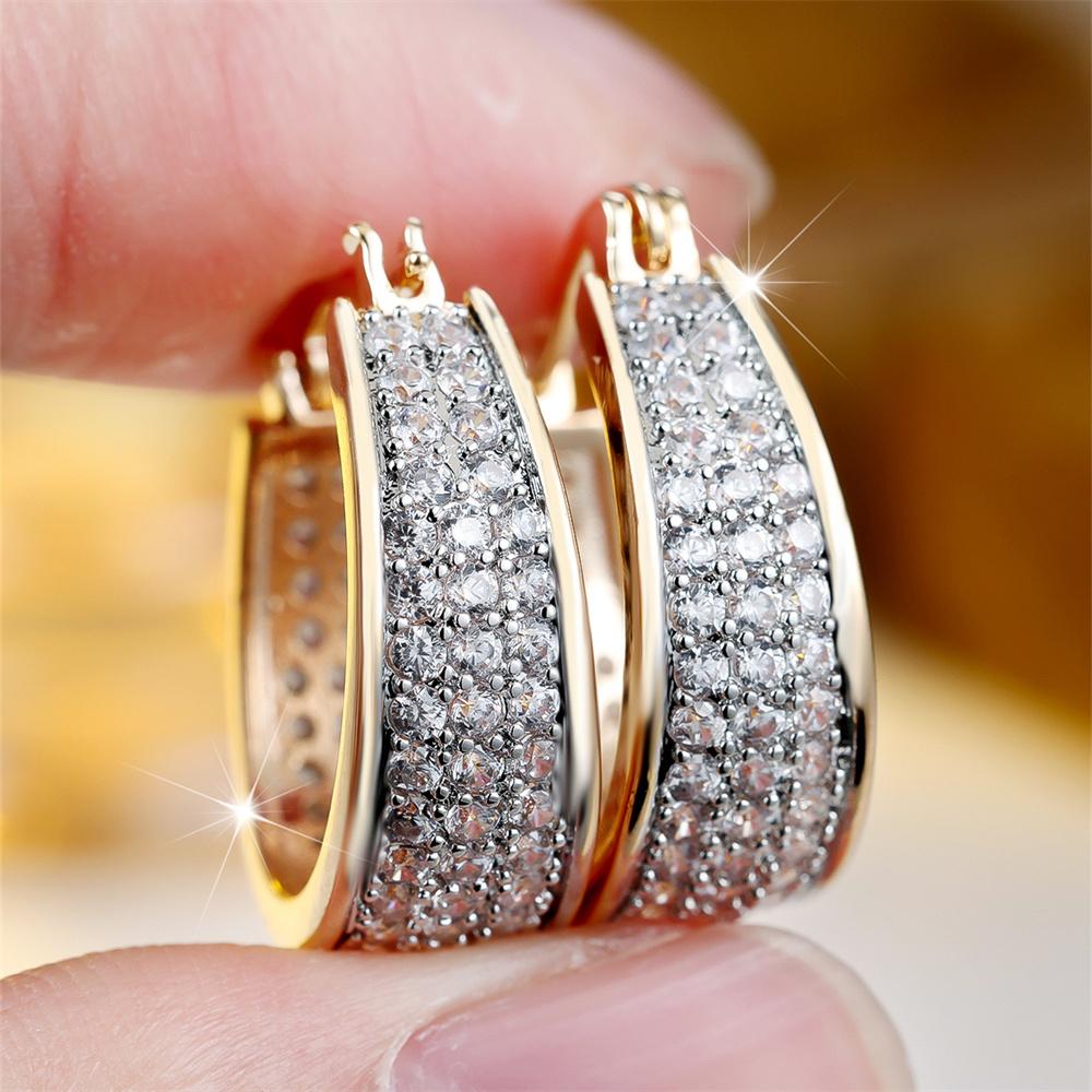 White Zircon Luxury Crystal Full Stone Hoop Earrings For Women Vintage Gold Color Ear Buckle Wedding Jewelry Engagement Gifts
