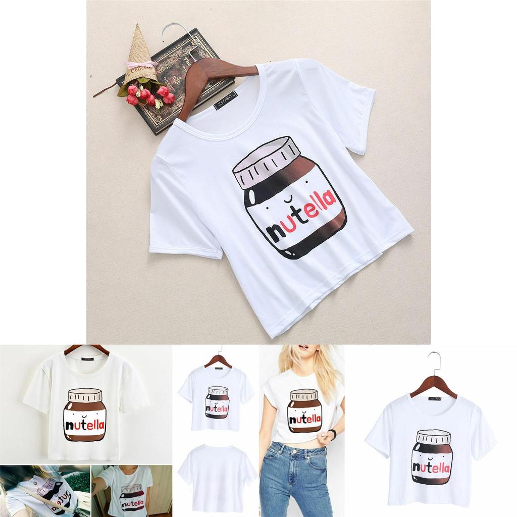 Woman Kawaii Harajuku Casual Fashion Nutella Print Tees Crop Tops Short Tshirt