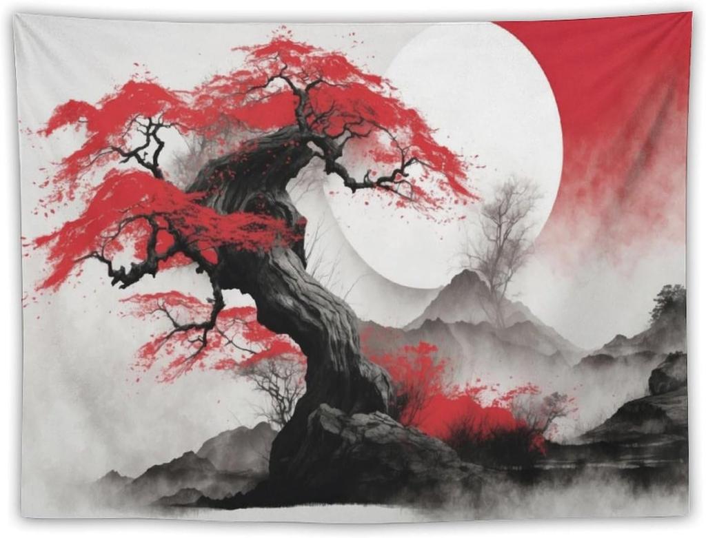 Japanese Red Geisha Tapestry Asian Cherry Blossom Traditional Kimono Folk Tapestries Home Decor Living Room Bedroom Apartment