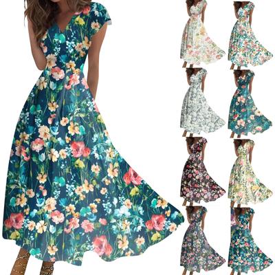 Langes Damenkleid, Maxikleid, Freizeitkleid, Sommer, lässig, kurzärmelig, V-Ausschnitt, Boho-Taillenrückzug, bedrucktes Kleid
