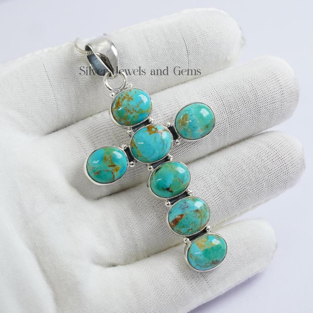 Arizona Turquoise Cross Pendant, 925 Sterling Silver, Handmade Gemstone Jewelry