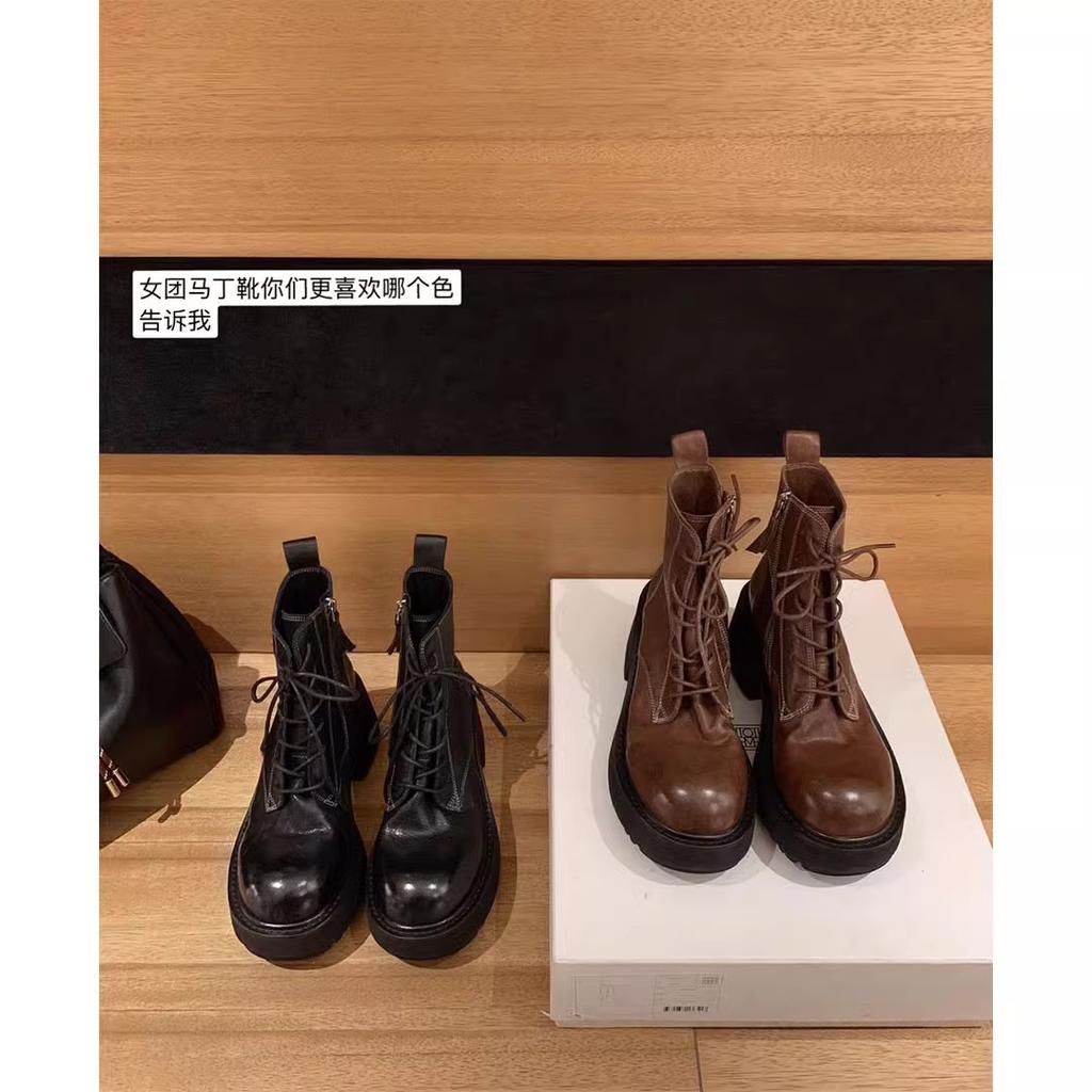 Spot second hair! Fashion versatile new washed horse leather British style lace-up thick heel heightening short boots Martin boots autumn