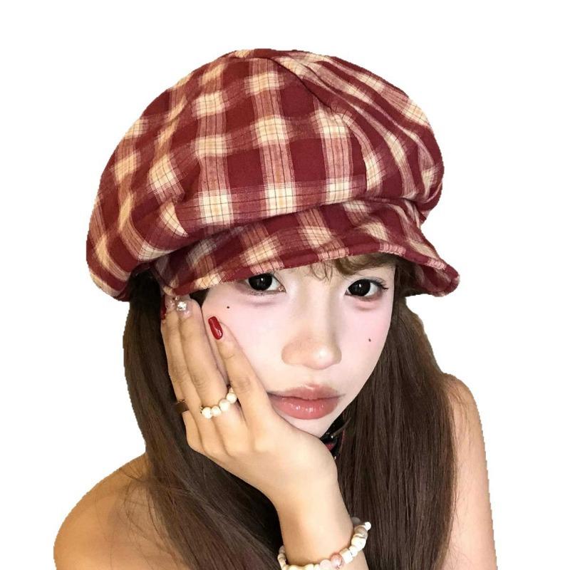Versatile Autumn and Winter Hat Women's Big Head Circumference Shows the Face Ducktongue Beret Literary and Retro Plaid Octagonal Hat