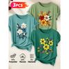 Lele Directional Three-piece set for women, elegant style T Shirt Hibiscus autumn leaves and berries floral print with an artistic and whimsical
