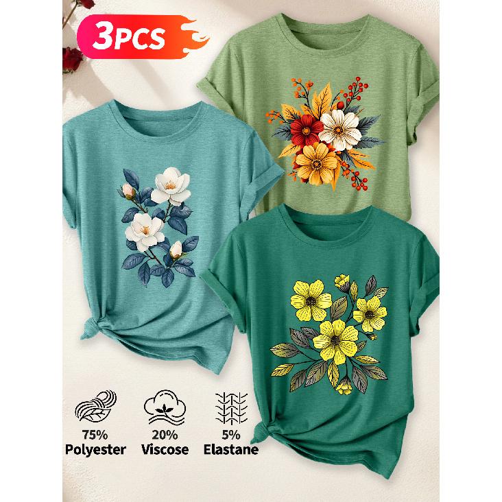 Lele Directional Three-piece set for women, elegant style T Shirt Hibiscus autumn leaves and berries floral print with an artistic and whimsical
