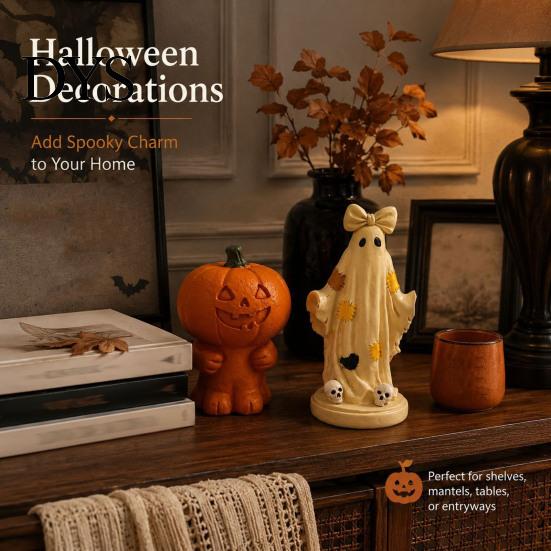 Fashionable Resin Collectibles Halloween Patchwork Ghost/Pumpkin Man Statue Ornament, Creative Desktop Figurine, Decorative Bookshelf Accents