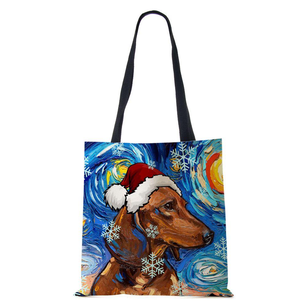 Christmas Dog Canvas Shopper Tote Bag Utskrift Harajuku Kvinner Gjenbrukbar skulderveske 2022 Casual Stor kapasitet sammenleggbar håndveske