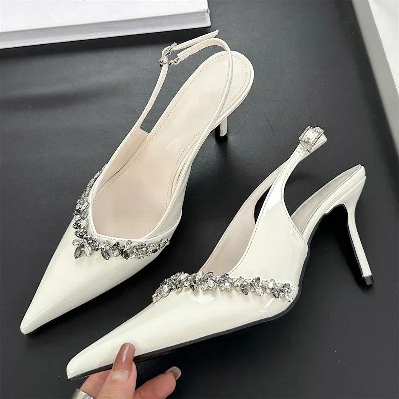 Fashion Rhinestone Buckle Strap Women Pumps Sexy Pointed Toe Patent Leather High Heels Fashion Slingbacks Heels Sandals Party Prom Shoes