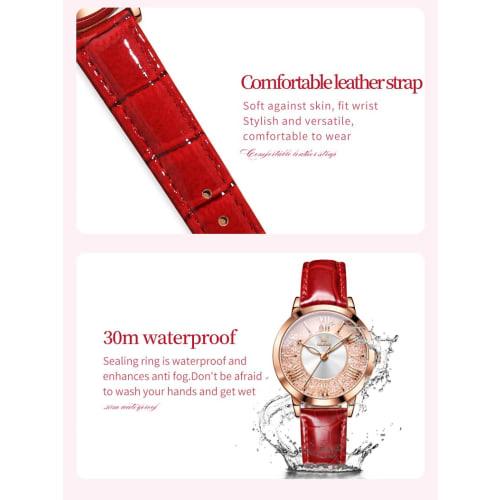 OLEVS Women's Watch Set - Easy-to-Read Bracelet Watch - Premium Stainless Steel - Calendar, 3 ATM Water Resistance, Luminous Gold/Silver (Red)