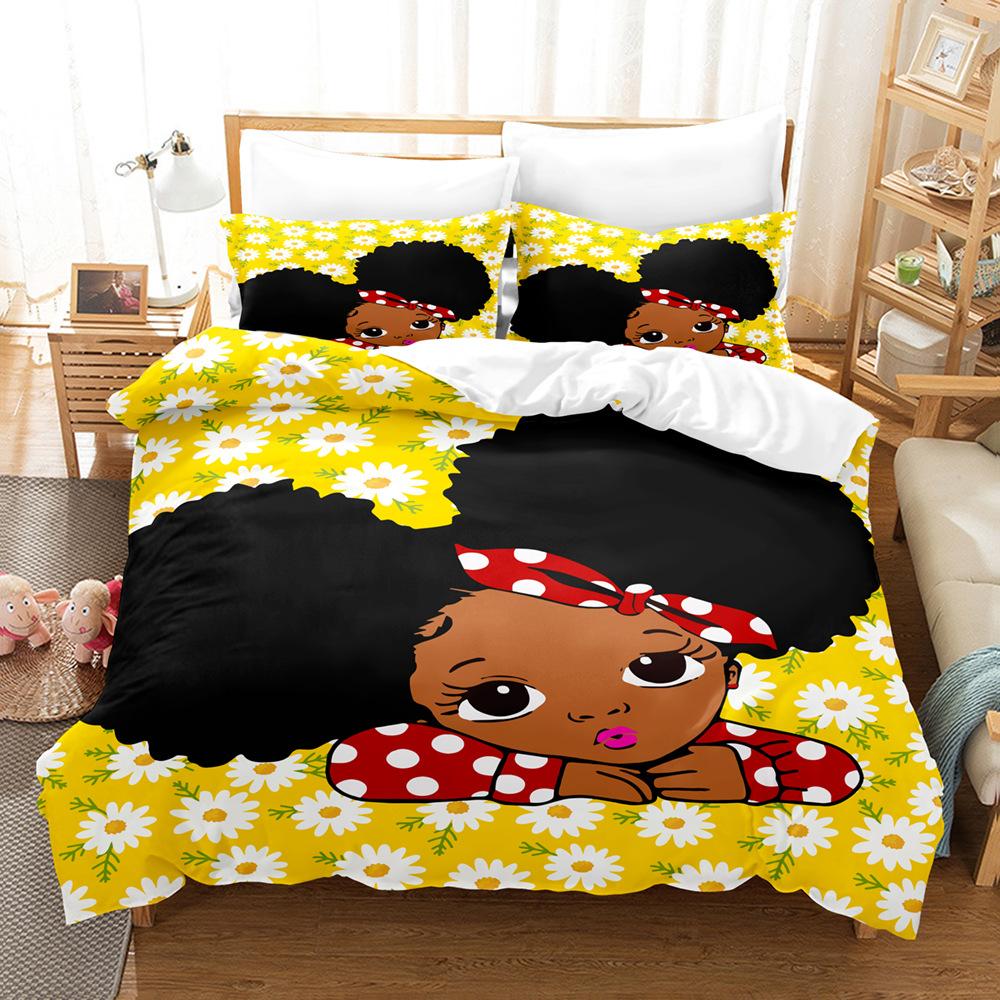 Bed Three-Piece Cartoon Black Girl Series 3D Digital Printing Kit