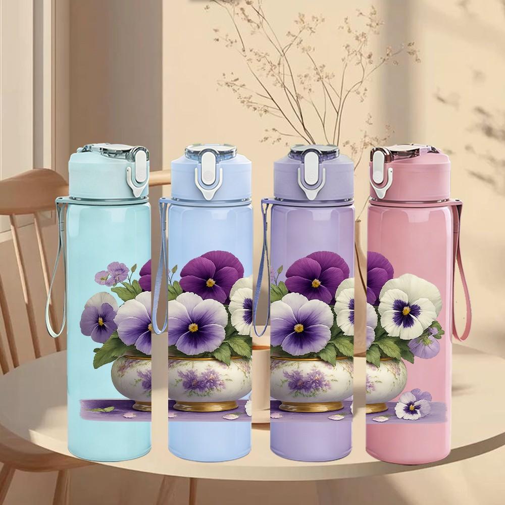 1PC Purple Pansy Flower Vase 750ml Color Plastic Sports Water Bottle Leakproof Flip Straw Lid For Sports Office Home Use