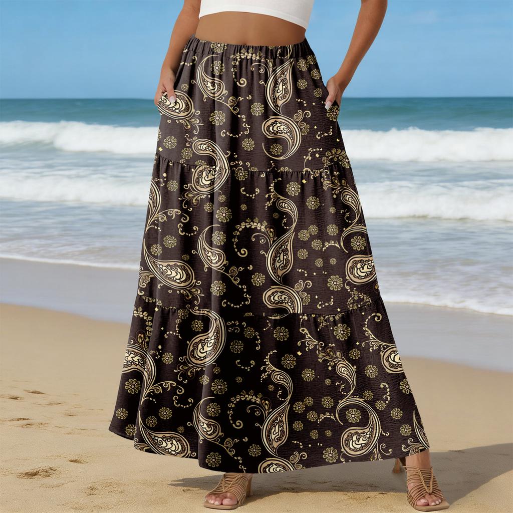 Women Elastic Waist Floral Print Boho Maxi Skirt with Pockets Lightweight A Line Long Skirt