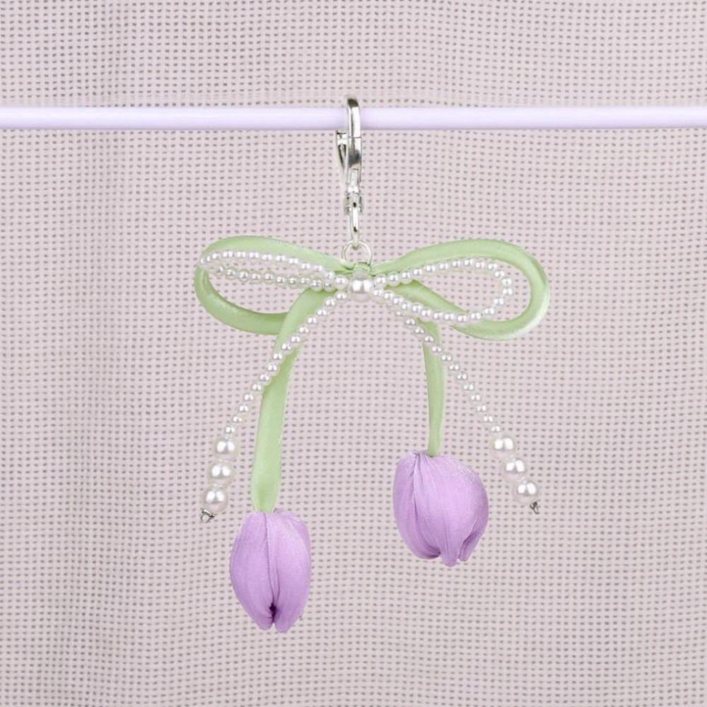 Handmade Tulip Pendant Cartoon Heart Bag Charm Trendy Pearl Tulip Keychain  Car Accessory