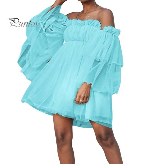 

Женское платье с открытыми плечами и высокой талией, сетчатое многослойное гофрированное платье трапециевидной формы с длинными рукавами, однотонное мини-платье в стиле принцессы, короткое платье для выпускного вечера, пляжной вечеринки M