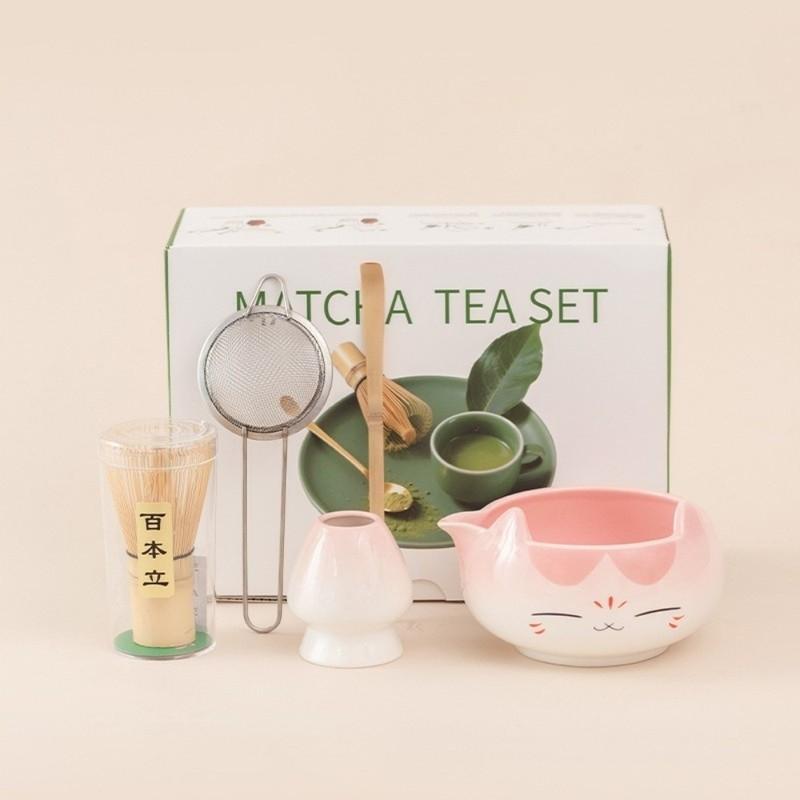2/5/7pcs Ceramic Bowl Matcha Tea Set Pink Color Five Piece Set Cat Ear Tea Bowl Bamboo Whisk With Spout Matcha Brewing Kit