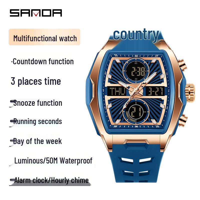 Sanda Dual Display Waterproof Barrel-Shaped Electronic Watch with Alarm for Students and Parties