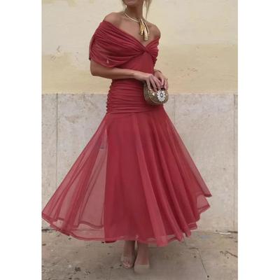Kadın Bordo Omuz Düşük Fırfırlı Şifon Maksi Abiye Elbise